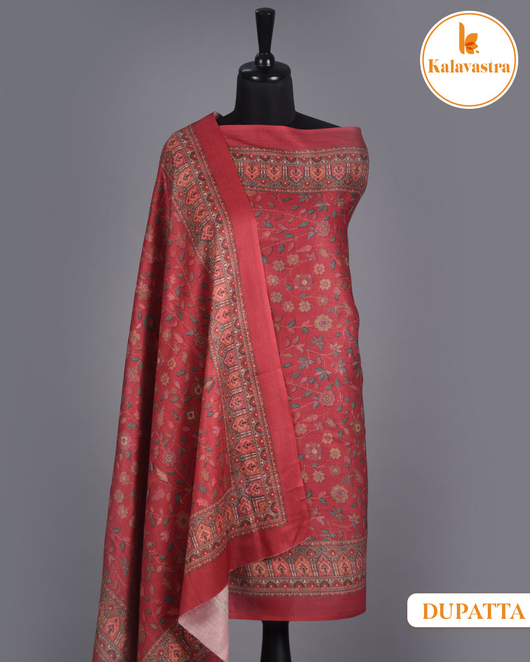 Maroon With Green- Winter Wear - Spun - Printed - Unstitched Suit Fabric With Spun Dupatta