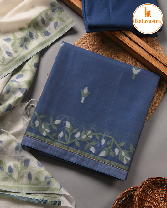 Blue With Green-Chanderi-Jamdani Woven-Unstitched Suit Fabric With Chanderi Jamdani Woven Dupatta