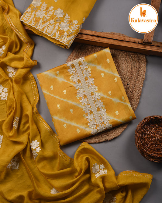 Mustard- Cotton Glazed Blend- Printed With Embroidery- Unstitched Suit Fabric With Chanderi Blend Dupatta