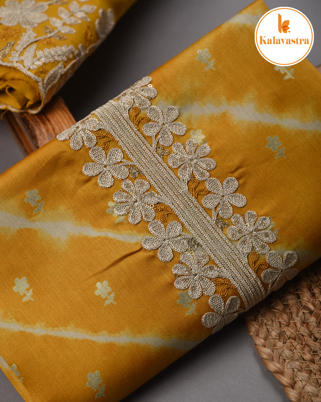 Mustard- Cotton Glazed Blend- Printed With Embroidery- Unstitched Suit Fabric With Chanderi Blend Dupatta