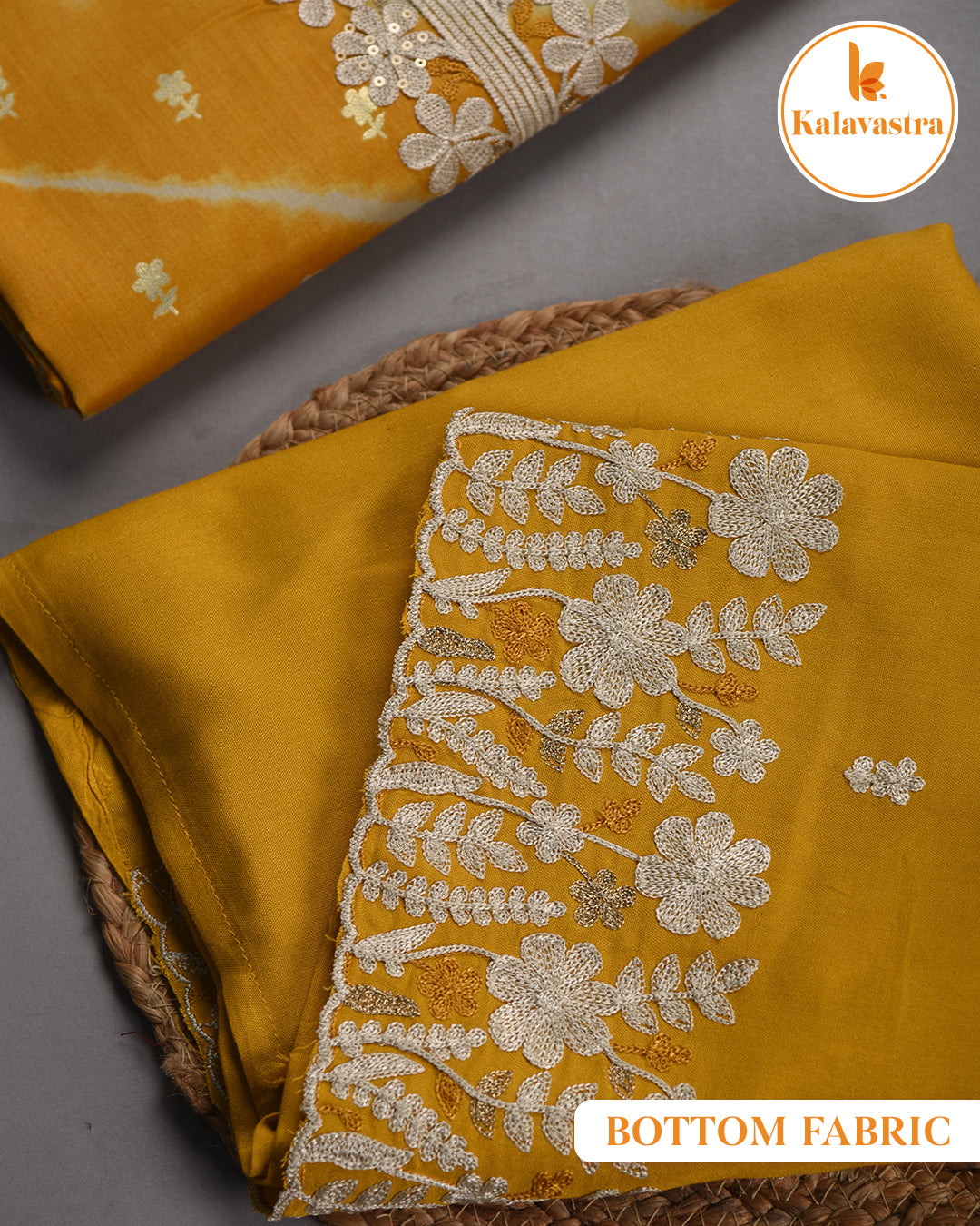 Mustard- Cotton Glazed Blend- Printed With Embroidery- Unstitched Suit Fabric With Chanderi Blend Dupatta