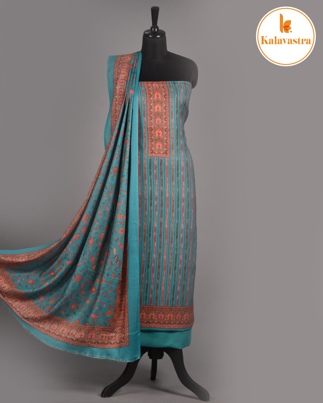 Turquoise- Winter Wear - Spun - Printed - Unstitched Suit Fabric With Spun Dupatta