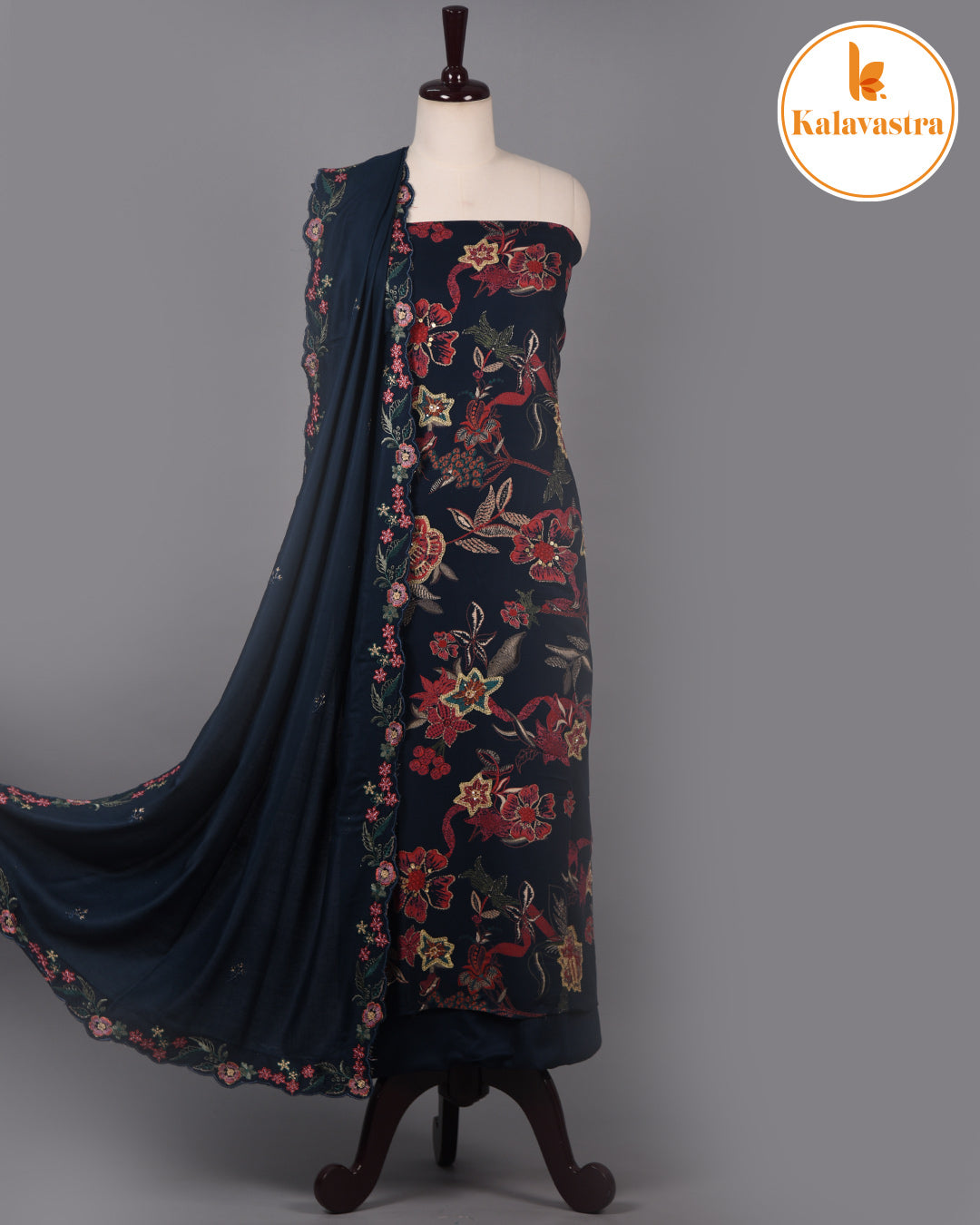 Blue - Winter Wear - Spun Blend - Printed With Embroidery - Unstitched Suit Fabric With Spun Stole