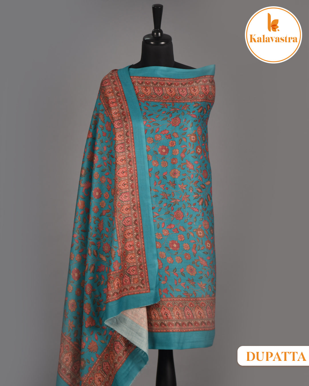 Turquoise- Winter Wear - Spun - Printed - Unstitched Suit Fabric With Spun Dupatta