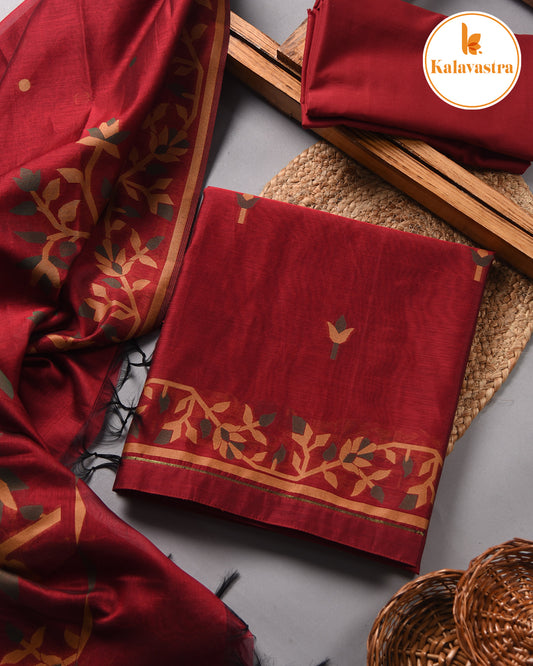 Maroon-Chanderi-Jamdani Woven-Unstitched Suit Fabric With Chanderi Jamdani Woven Dupatta