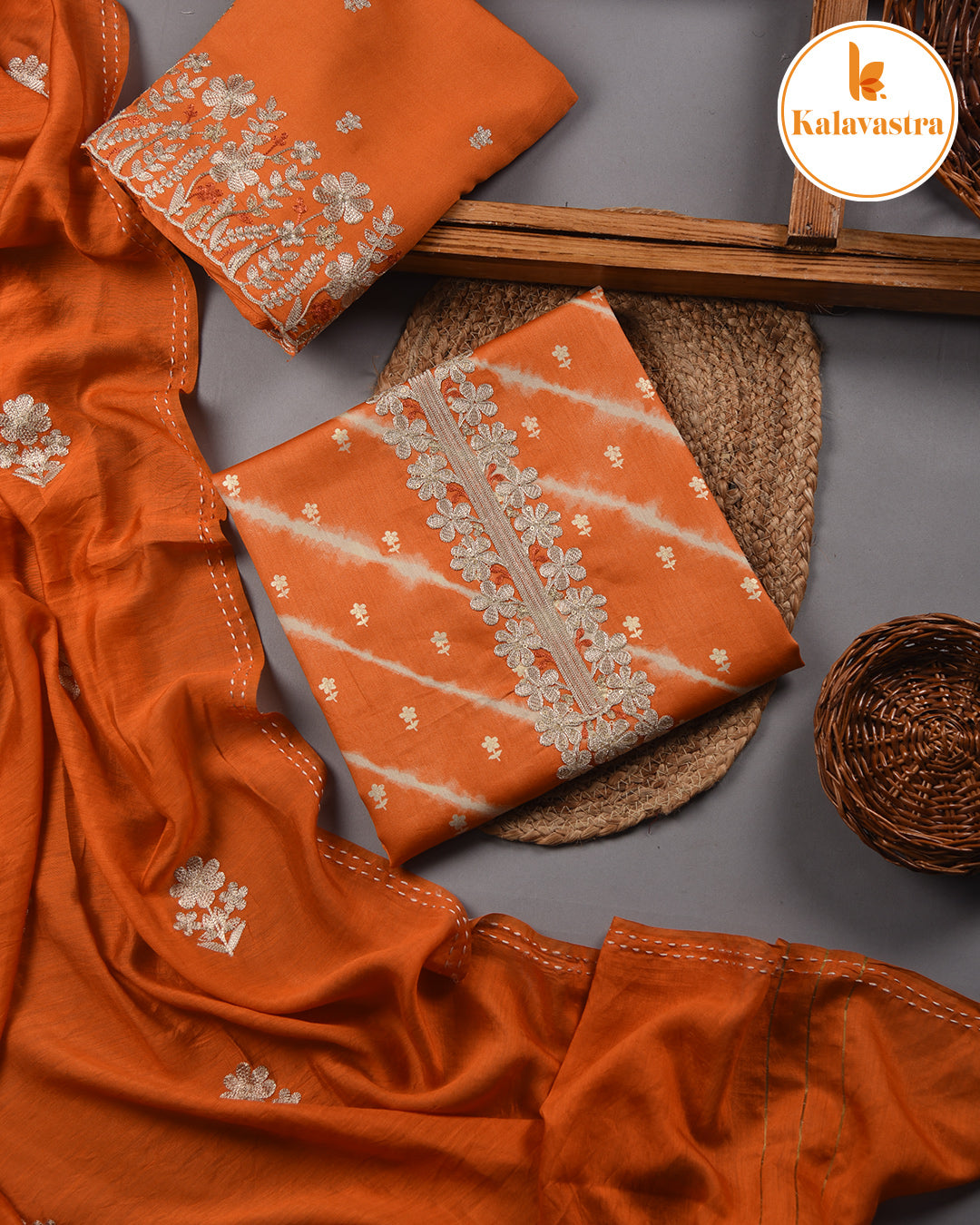 Orange- Cotton Glazed Blend- Printed With Embroidery- Unstitched Suit Fabric With Chanderi Blend Dupatta