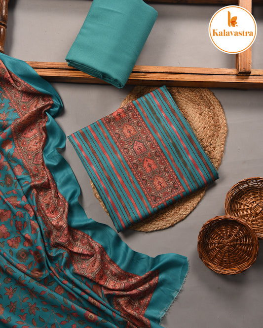 Turquoise- Winter Wear - Spun - Printed - Unstitched Suit Fabric With Spun Dupatta