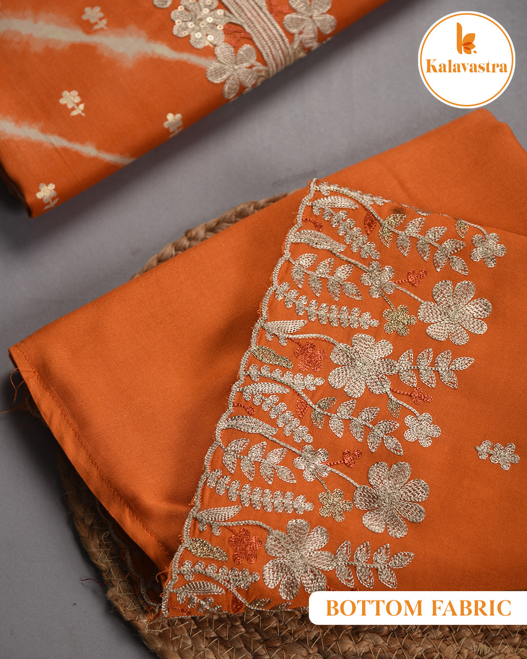 Orange- Cotton Glazed Blend- Printed With Embroidery- Unstitched Suit Fabric With Chanderi Blend Dupatta