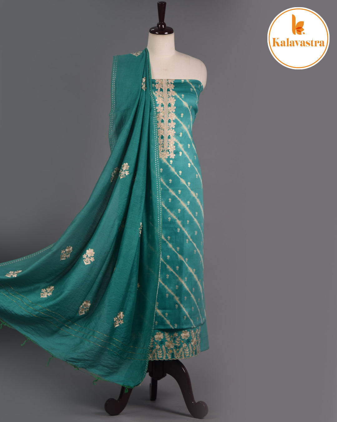 Sea Green- Cotton Glazed Blend- Printed With Embroidery- Unstitched Suit Fabric With Chanderi Blend Dupatta