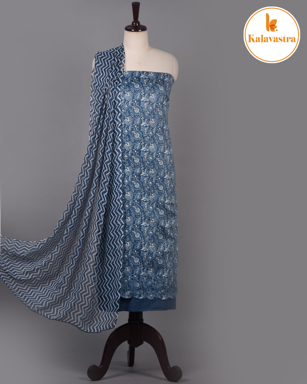 Shades of Blue - Cotton Glazed Blend - Printed With Embroidery - Unstitched Suit Fabric With Chiffon Dupatta