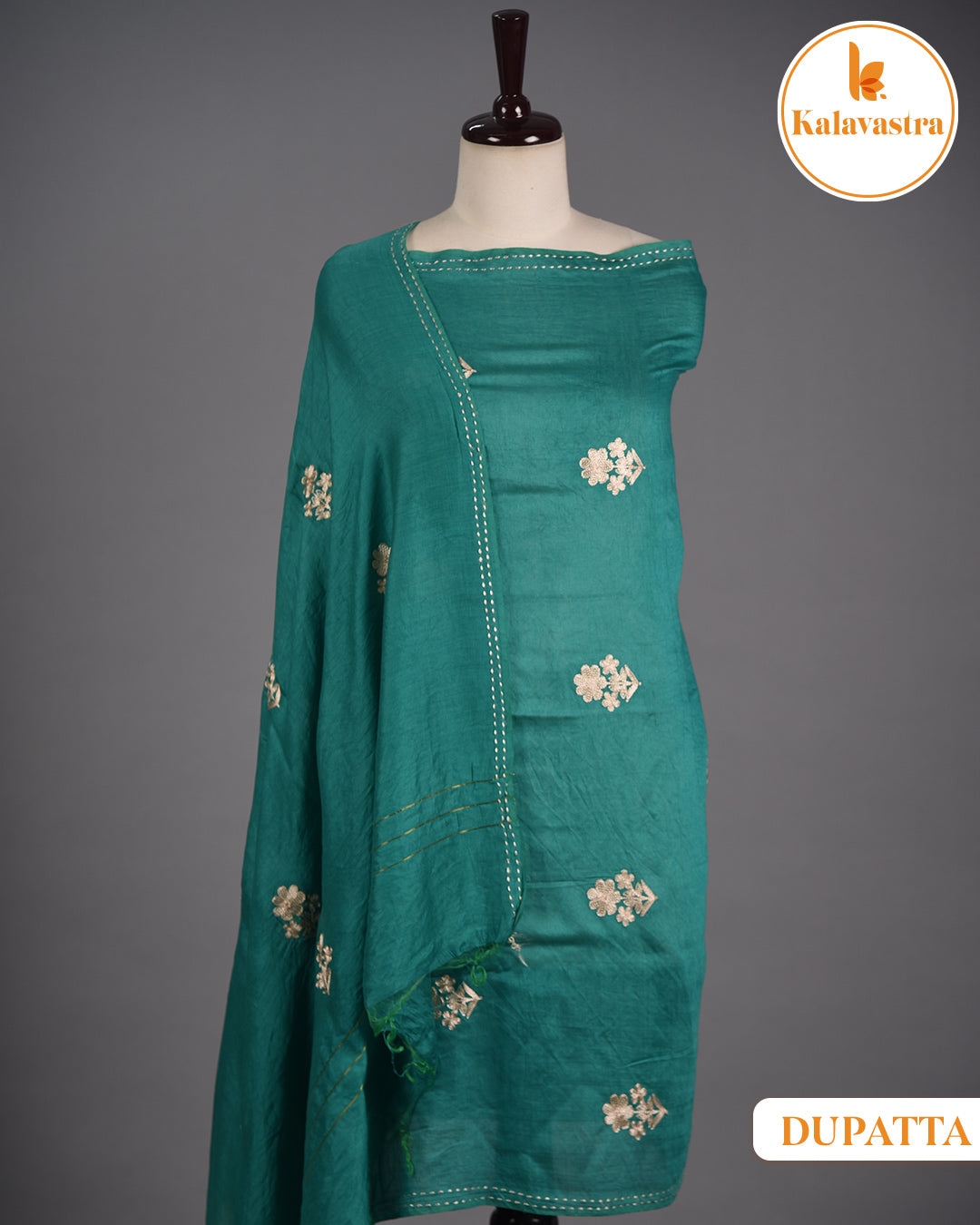 Sea Green- Cotton Glazed Blend- Printed With Embroidery- Unstitched Suit Fabric With Chanderi Blend Dupatta