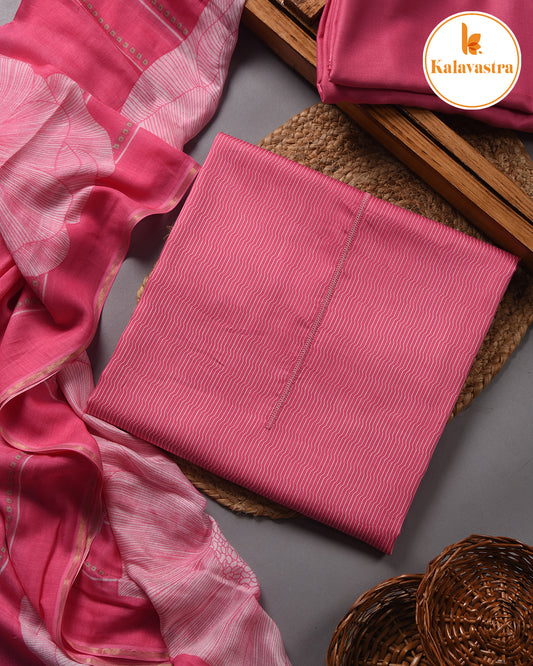 Pink- Cotton Glazed - Printed With Embroidery - Unstitched Suit Fabric With Muslin Dupatta