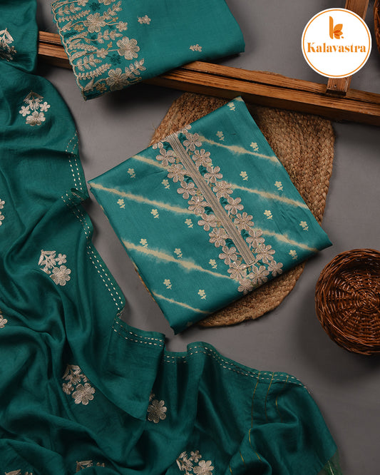 Sea Green- Cotton Glazed Blend- Printed With Embroidery- Unstitched Suit Fabric With Chanderi Blend Dupatta