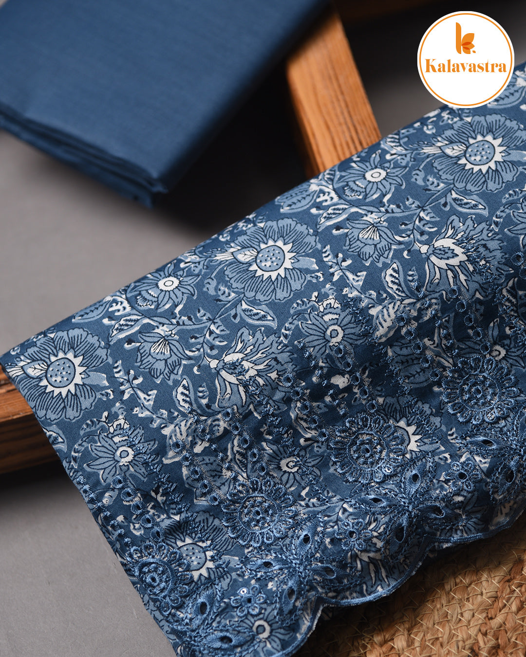 Shades of Blue - Cotton Glazed Blend - Printed With Embroidery - Unstitched Suit Fabric With Chiffon Dupatta