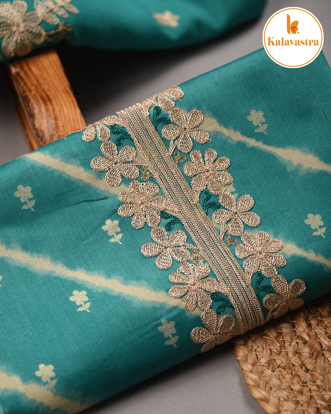 Sea Green- Cotton Glazed Blend- Printed With Embroidery- Unstitched Suit Fabric With Chanderi Blend Dupatta