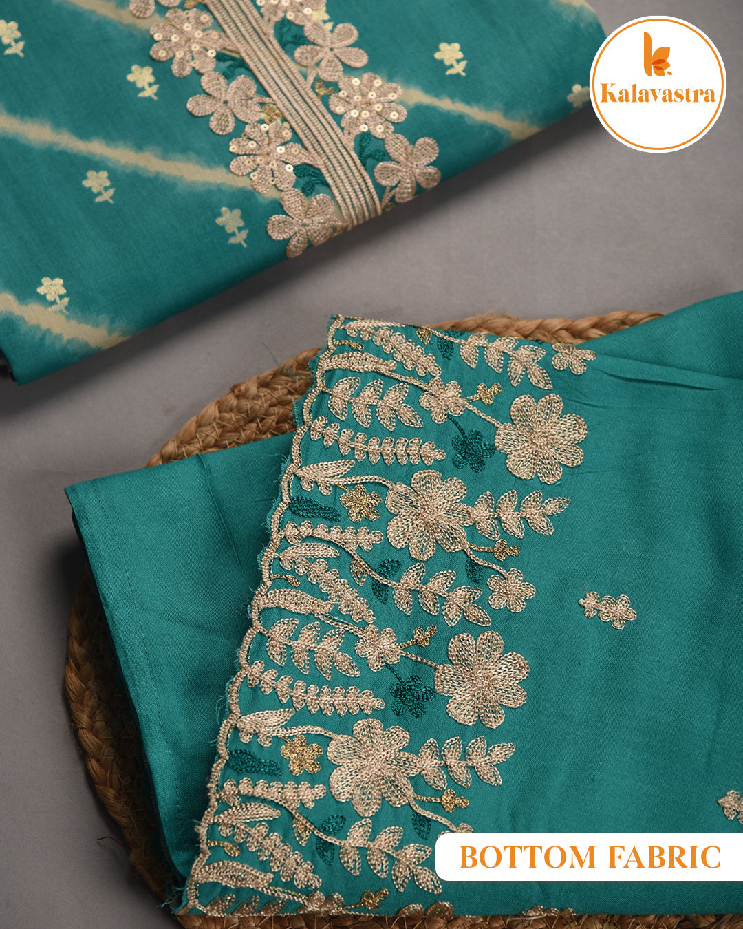 Sea Green- Cotton Glazed Blend- Printed With Embroidery- Unstitched Suit Fabric With Chanderi Blend Dupatta