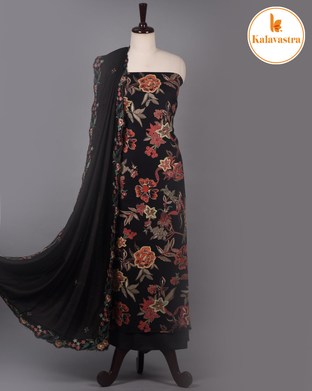 Black - Winter Wear - Spun Blend - Printed With Embroidery - Unstitched Suit Fabric With Spun Stole