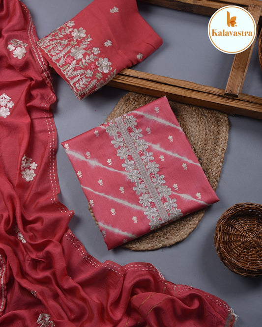 Pink- Cotton Glazed Blend- Printed With Embroidery- Unstitched Suit Fabric With Chanderi Blend Dupatta