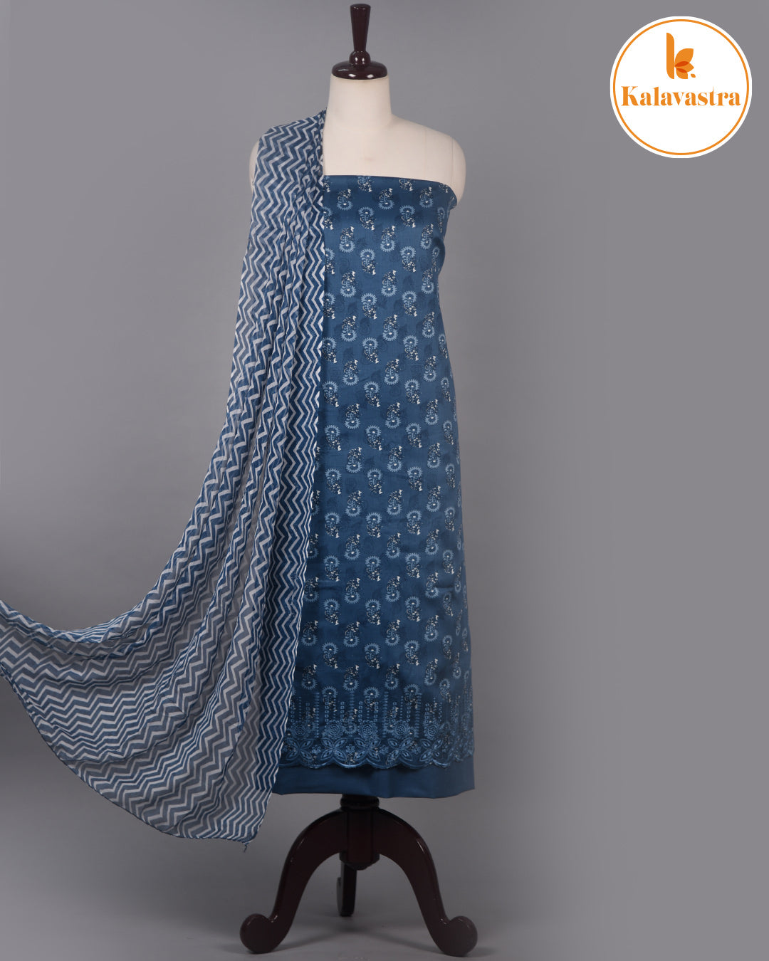 Blue - Cotton Glazed Blend - Printed With Embroidery - Unstitched Suit Fabric With Chiffon Dupatta