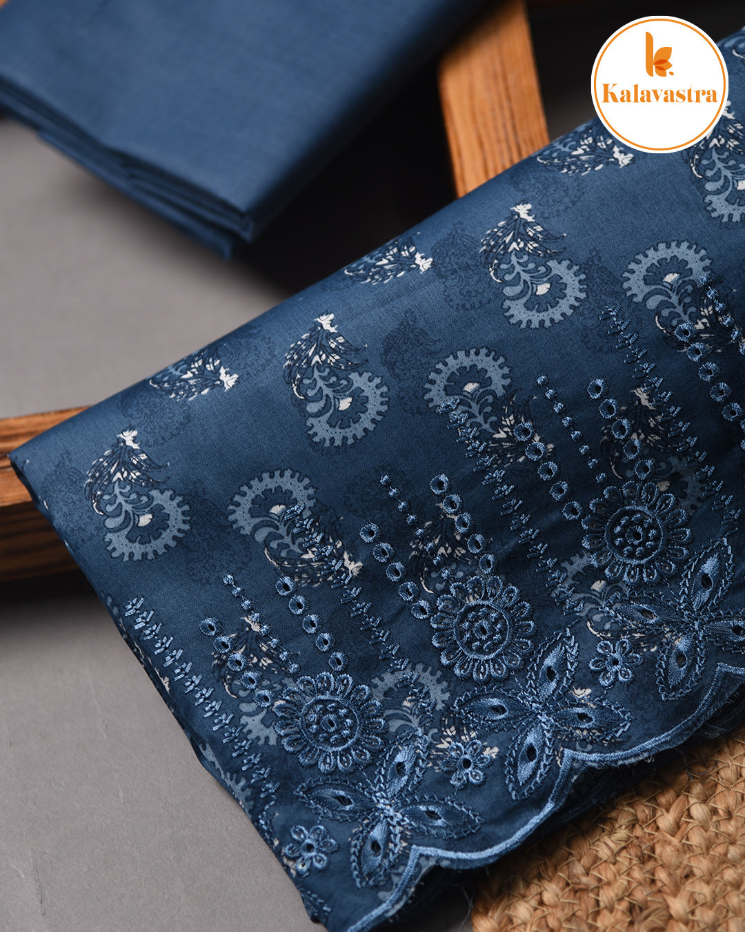 Blue - Cotton Glazed Blend - Printed With Embroidery - Unstitched Suit Fabric With Chiffon Dupatta