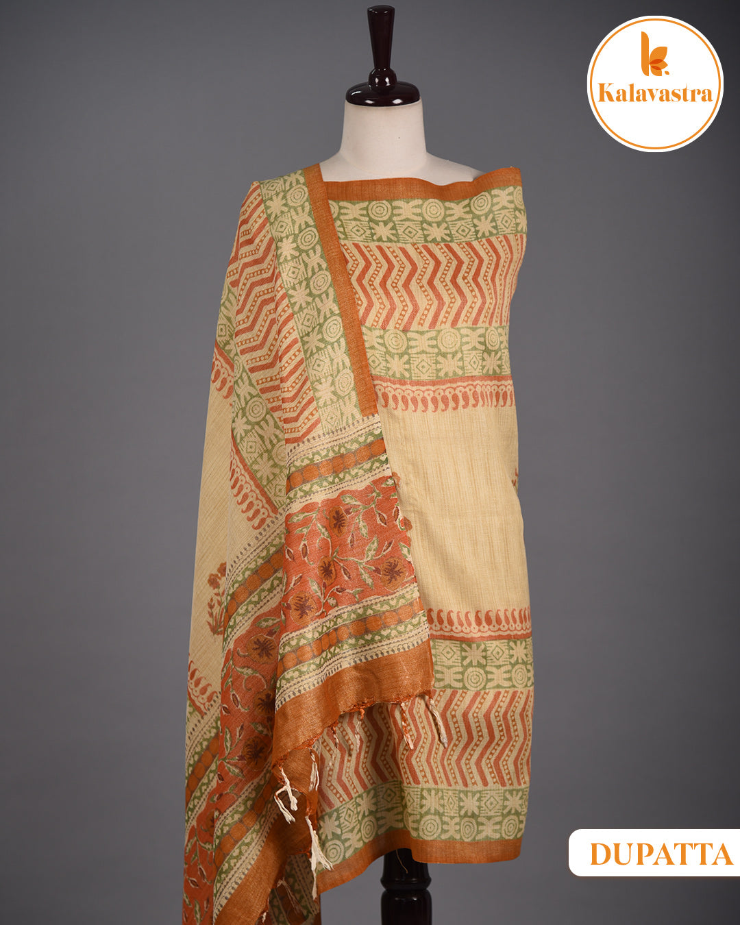 Orange - Thick Cotton Woven Blend - Hand Block Printed - Unstitched Suit Fabric With Cotton Dupatta