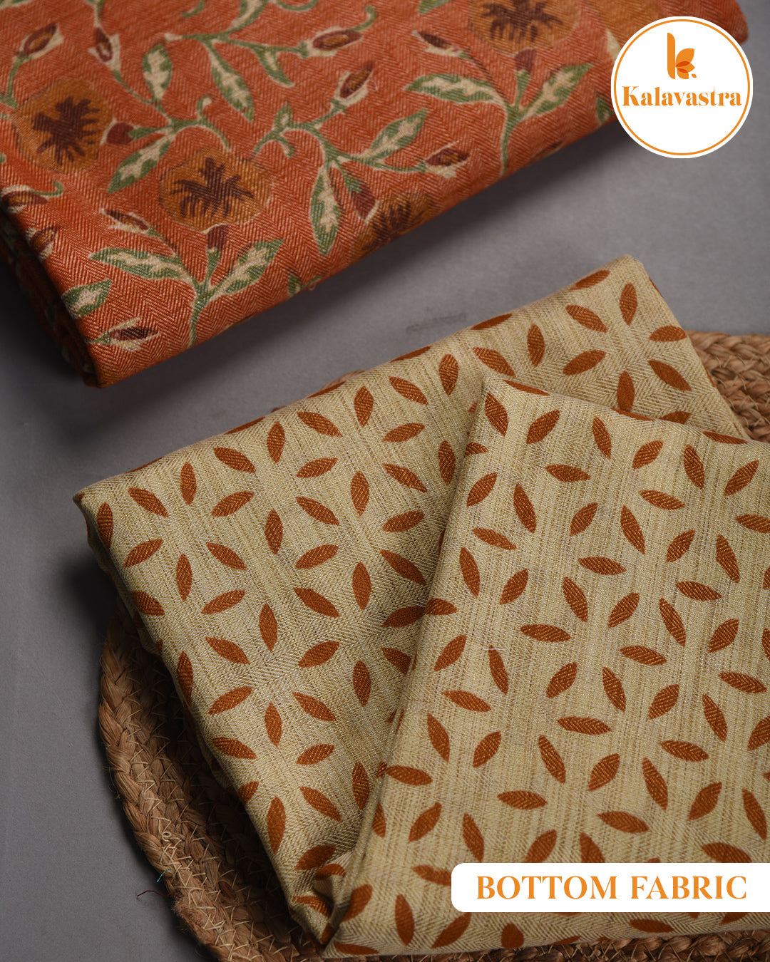 Orange - Thick Cotton Woven Blend - Hand Block Printed - Unstitched Suit Fabric With Cotton Dupatta