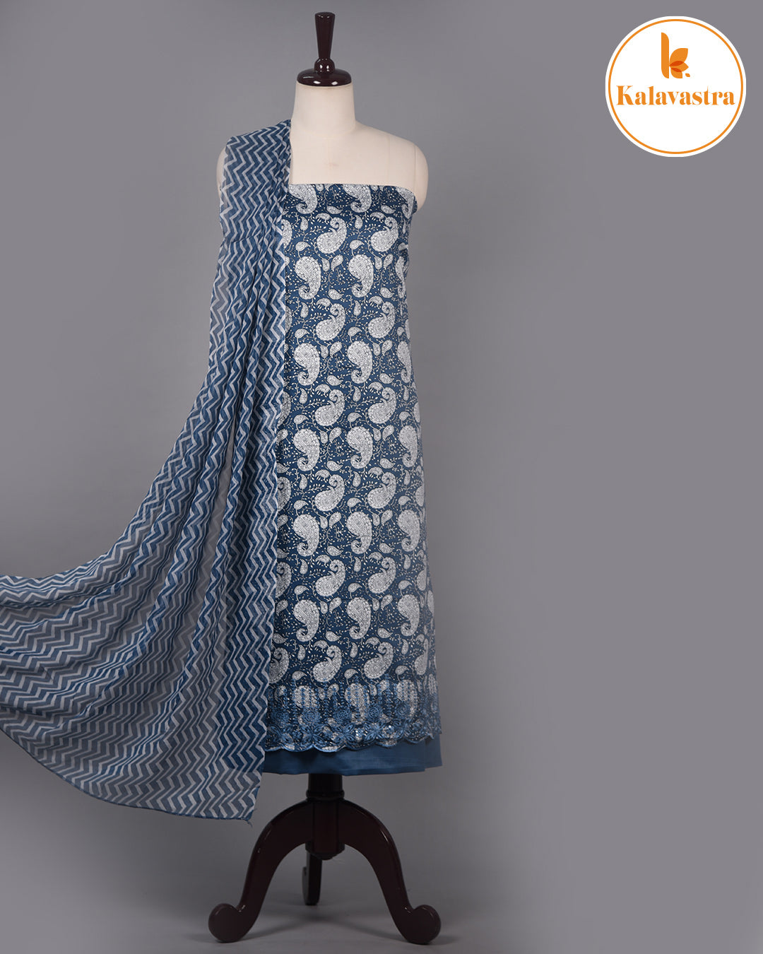 Blue With White - Cotton Glazed Blend - Printed With Embroidery - Unstitched Suit Fabric With Chiffon Dupatta