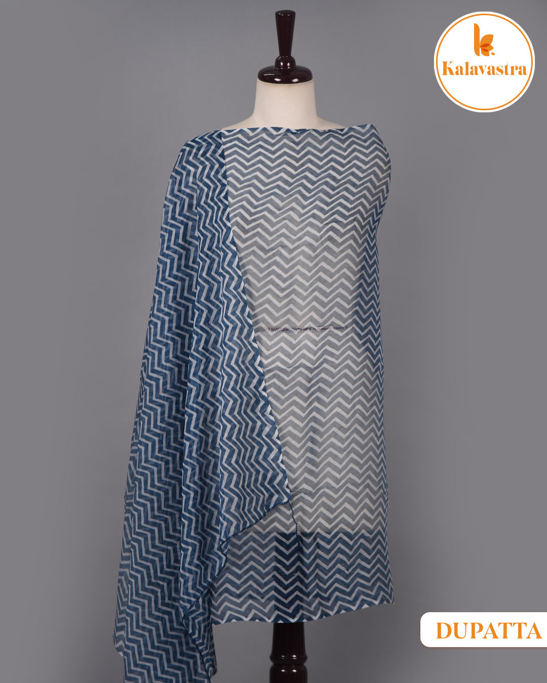 Blue With White - Cotton Glazed Blend - Printed With Embroidery - Unstitched Suit Fabric With Chiffon Dupatta