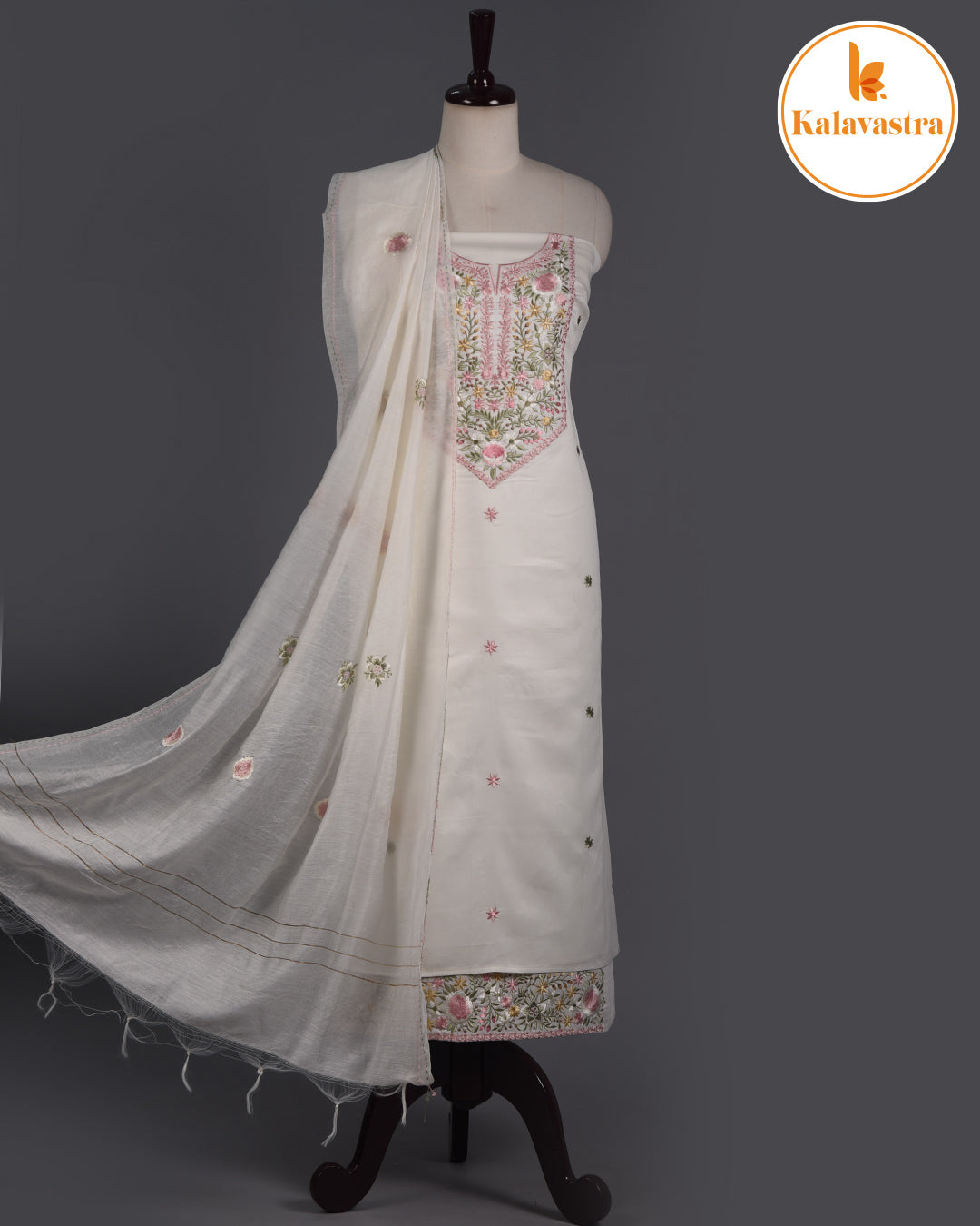 Cream- Cotton Blend - Embroidered- Unstitched Suit Fabric With Chanderi Embroidered Dupatta