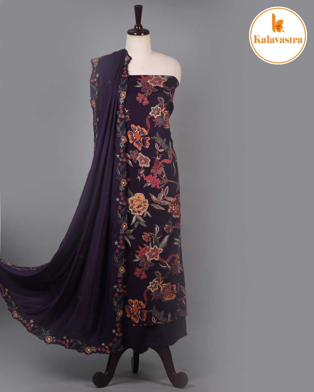 Purple - Winter Wear - Spun Blend - Printed With Embroidery - Unstitched Suit Fabric With Spun Stole