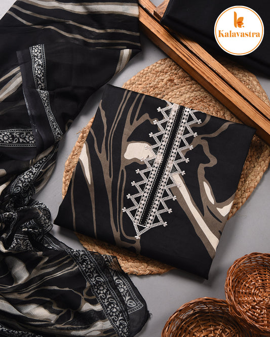 Black- Cotton Glazed - Printed With Embroidery - Unstitched Suit Fabric With Chiffon Dupatta