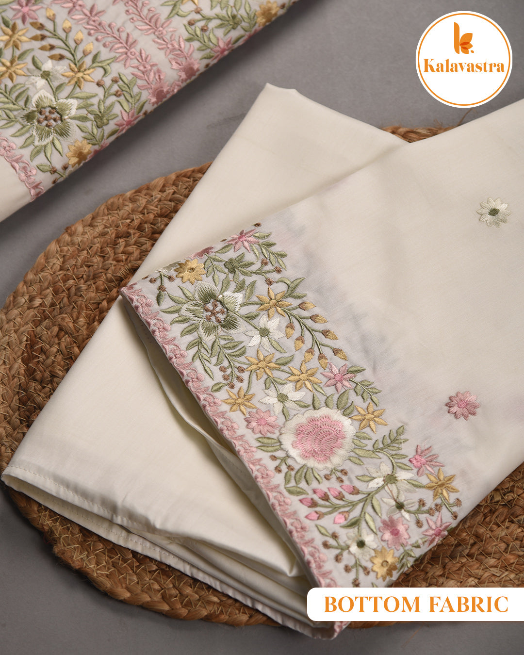 Cream- Cotton Blend - Embroidered- Unstitched Suit Fabric With Chanderi Embroidered Dupatta