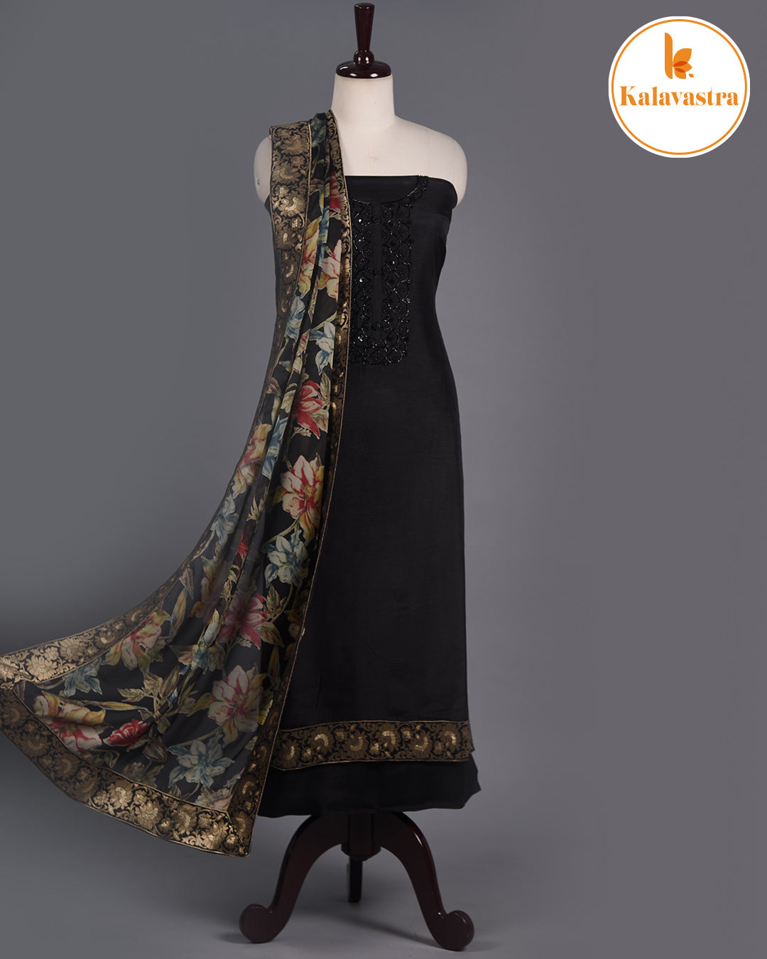 Black- Silk Blend - Embroidered - Unstitched Suit Fabric With Organza Blend Printed Dupatta