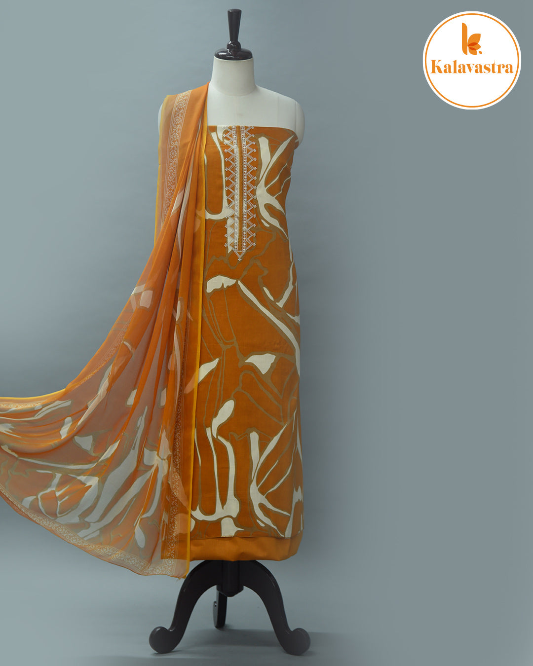 Mustard- Cotton Glazed - Printed With Embroidery - Unstitched Suit Fabric With Chiffon Dupatta