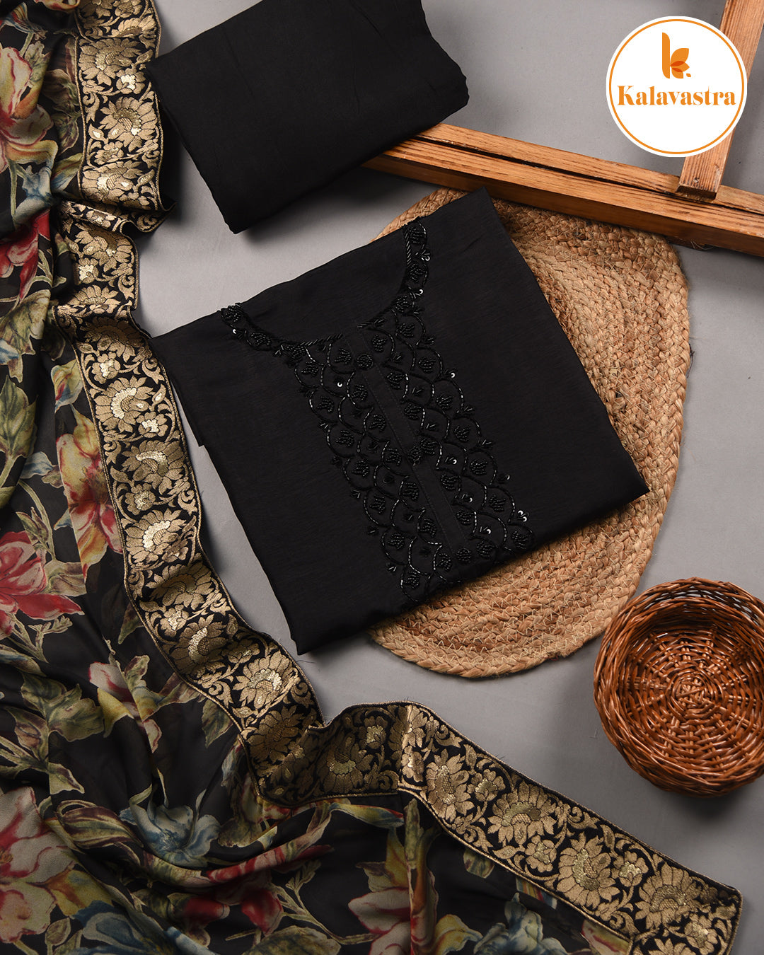 Black- Silk Blend - Embroidered - Unstitched Suit Fabric With Organza Blend Printed Dupatta