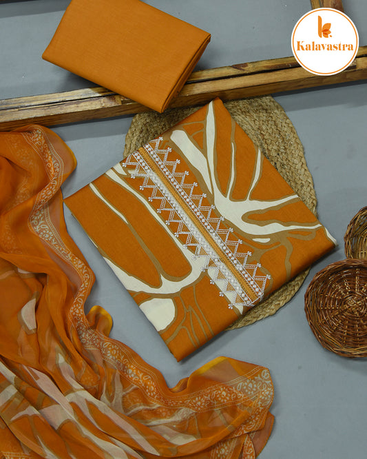 Mustard- Cotton Glazed - Printed With Embroidery - Unstitched Suit Fabric With Chiffon Dupatta