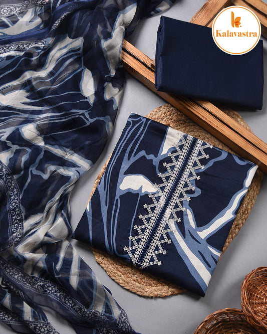 Blue- Cotton Glazed - Printed With Embroidery - Unstitched Suit Fabric With Chiffon Dupatta