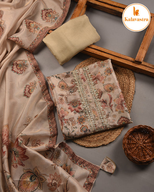 Beige- Chanderi Tissue Blend - Embroidered- Unstitched Suit Fabric With Chanderi Tissue Blend Dupatta