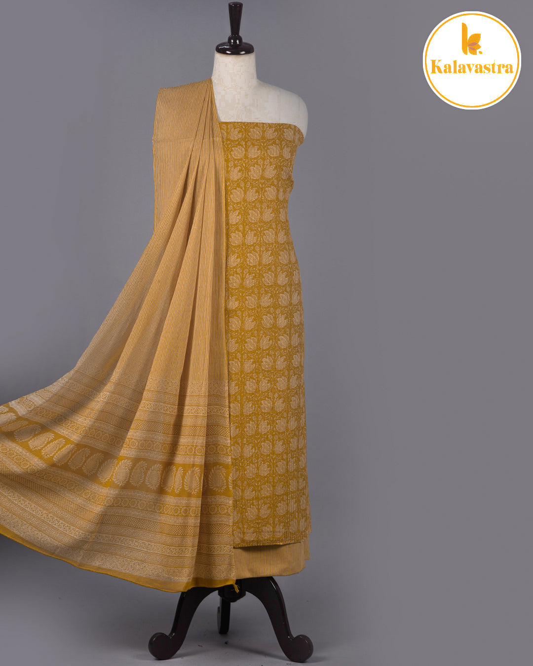 Mustard- Pure Cotton - Hand Block Printed With Embroidery - Unstitched Suit Fabric With Cotton Dupatta