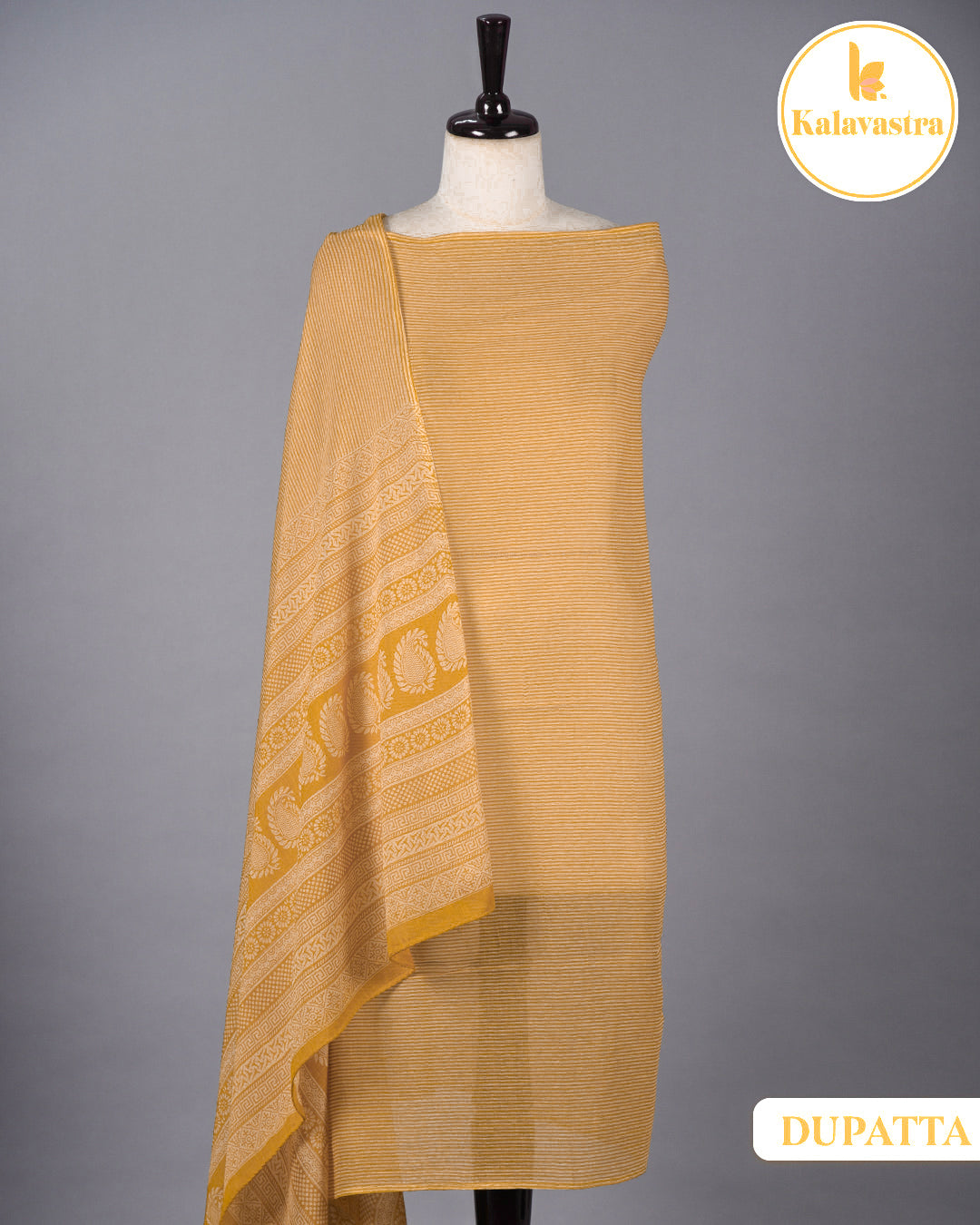 Mustard- Pure Cotton - Hand Block Printed With Embroidery - Unstitched Suit Fabric With Cotton Dupatta