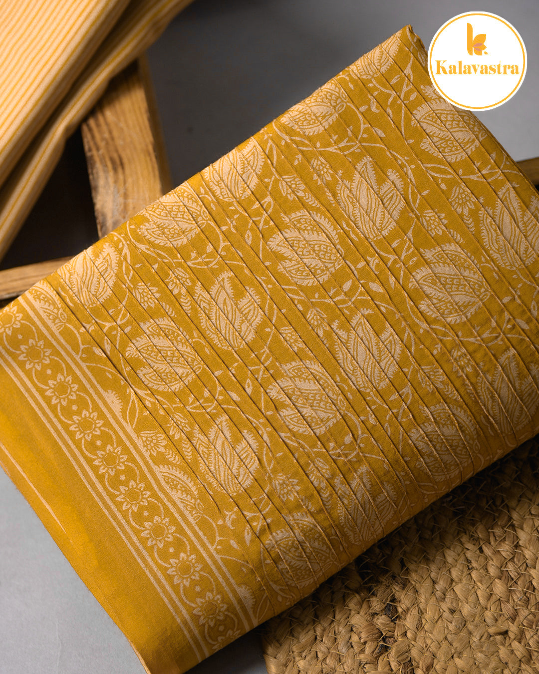 Mustard- Pure Cotton - Hand Block Printed With Embroidery - Unstitched Suit Fabric With Cotton Dupatta