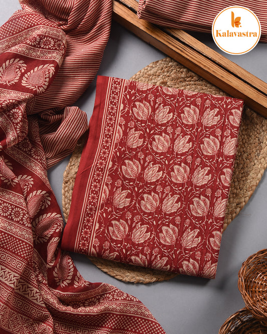 Maroon- Pure Cotton - Hand Block Printed With Embroidery - Unstitched Suit Fabric With Cotton Dupatta