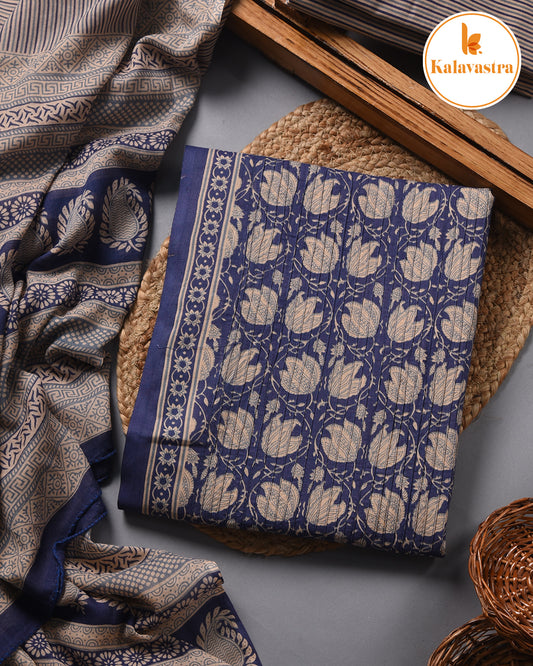 Blue- Pure Cotton - Hand Block Printed With Embroidery - Unstitched Suit Fabric With Cotton Dupatta