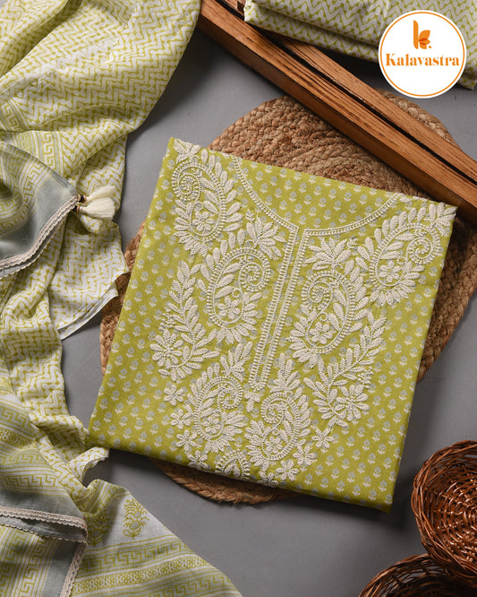 Light Green - Pure Cotton - Hand Block Printed With Embroidery- Unstitched Suit Fabric With Cotton Dupatta